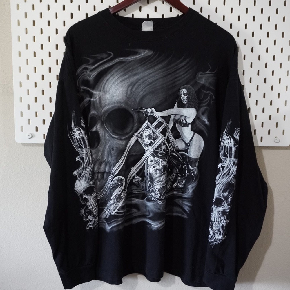 Day of the Dead‎ Biker Chick On Motorcycle Skull UniSex Adult Tee 2XL Shirt Keya